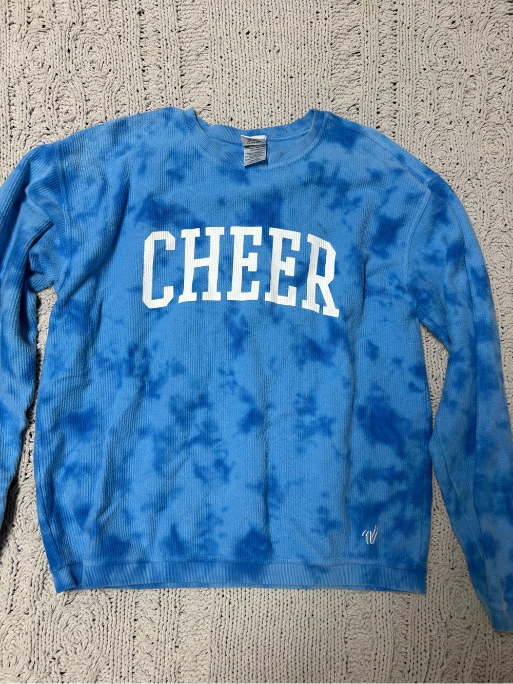 Varsity Blue Tie-Dye Crewneck Sweater with CHEER Print